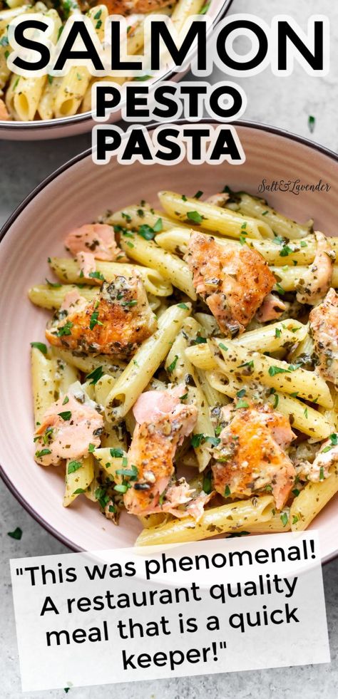 Pesto Recipe Dinner, What To Make For Guests For Dinner, Salmon And Pasta Dinner Ideas, Simple Dinner For Guests, Pesto Recipes Dinner Pasta, Easy Dinner Recipes For Guests, Salmon With Pesto Pasta, What To Put Pesto On, Dinner Ideas With Pesto