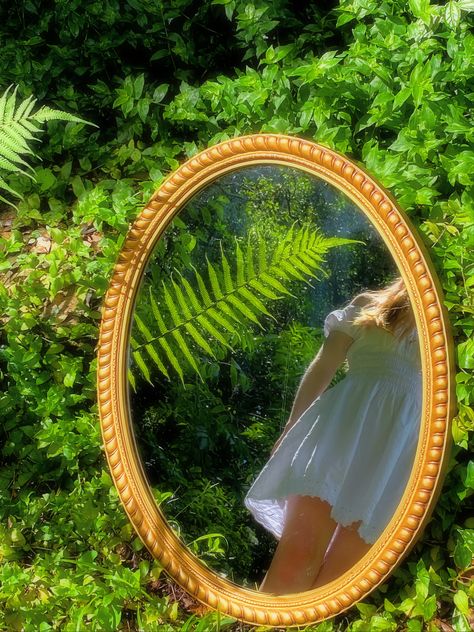 Forest Mirror Photography, Earth Theme Photoshoot, Mirror In A Field Photoshoot, Mirror Field Photography, Photography With Mirrors, Mirror Cottagecore, Mirror In Nature, Mirror In Forest, Outdoor Mirror Photoshoot