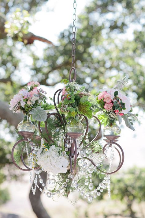 Repurposed Chandelier, Earthly Delights, Estilo Shabby Chic, Flower Chandelier, Floral Chandelier, Decorative Ideas, Outdoor Decorating, Santa Barbara Wedding, Candle Chandelier