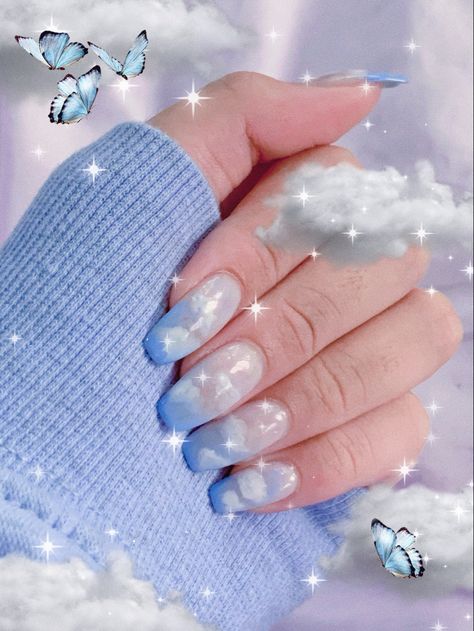 Aesthetic Cloud Nails, Blue Cloud Nails, Blue Aesthetic Nails, Clouds Nails, Nailart Blue, Comic Book Nails, Nails Long Acrylic, Matte Nails Glitter, Book Nails