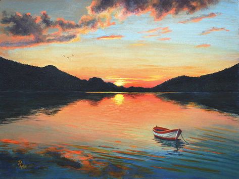 Sunset over a Mountain Lake - Acrylic Painting Acrylic Painting Mountains, Landscape Sunset Painting, Mountain Sunset Painting, Acrylic Sunset, Drawing Sunset, Sunset Landscape Painting, Painting Mountains, Sunset Painting Acrylic, Mountains Sunset