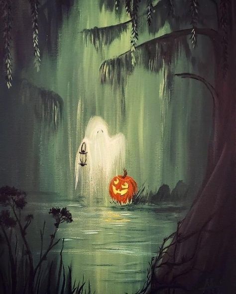 Beginner Painting Ideas Step By Step, Halloween Canvas Art, Halloween Artwork, Pumpkin Art, Halloween Illustration, Halloween Painting, Art Halloween, Ghost Pumpkin, Wow Art