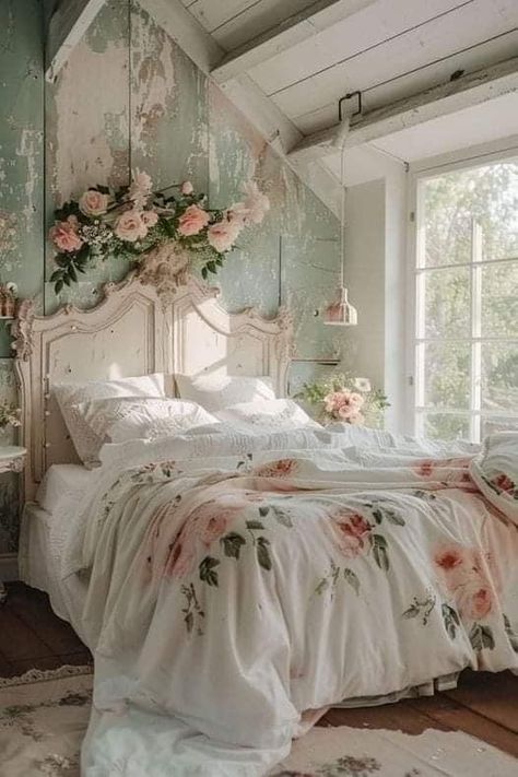 Simple Floral Bedroom Ideas, Vintage And Modern Decor Mixing Bedroom, Shabby Chic House Decor, Grandma Chic Bedroom, Day Bedroom Ideas, Vintage Floral Bedroom, Vintage Girls Bedroom, Shabby Chic Bedrooms Romantic, Shabby Chic Bedroom Ideas