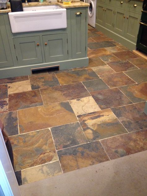 Rustic Cupboards, Slate Floor Kitchen, Flagstone Tile, Log Home Flooring, Chipping Campden, Trendy Kitchen Tile, Slate Tile Floor, Flagstone Flooring, Rustic Flooring