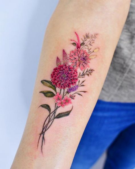 70 Colorful Dahlia Tattoo Designs with Meanings | Art and Design Dahlia Flower Tattoos, Arm Tattoos Color, Botanical Tattoo Design, Dahlia Tattoo, Colorful Butterfly Tattoo, Arm Sleeve Tattoos For Women, Garden Tattoos, Tattoo Spots, Wildflower Tattoo