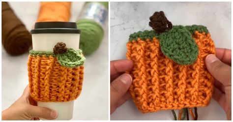 Pumpkin Crochet Coozie, Crochet Cup Coozie Pattern, Cup Warmer Crochet, Coffee Sleeve Pattern, Crochet Cozies, Crochet Pumpkin Hat, Crochet Kingdom, Mug Cover, Pumpkin Basket