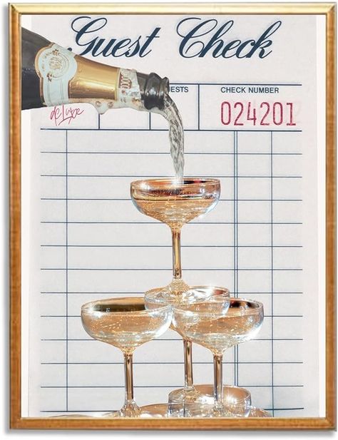 Champagne Wall Art, Check Poster, Disco Bar, Champagne Wall, Bar Cart Print, Guest Check, Holiday Inspo, Cute Wall Decor, Art Deco Bar