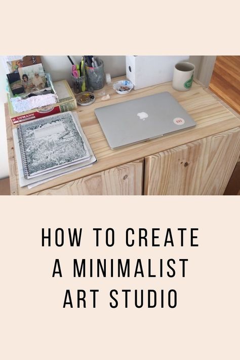 Tips from an artist on how to declutter art supplies and keep your art studio clean. It can be tough being a minimalist and a creative, but there's a way to do both! Minimalist Art Studio Small Spaces, Art Desk Ideas Small Spaces, Minimalist Craft Room Ideas, Minimalist Artist Studio, Minimalist Art Supplies, Portable Art Studio, Organize Art Studio, Tiny Art Studio Space Ideas, Minimal Art Studio