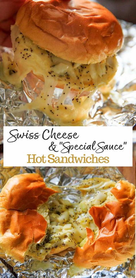 Oven-Baked, Foil-wrapped, Ham-less Swiss Cheese Hot Slider Sandwiches! An easy vegetarian alternative for simple party food. The poppyseed, butter and onion sauce is the key! Great for tailgating parties or other gatherings.  via @trialandeater Hot Vegetarian Sandwiches, Hot Ham And Cheese Sandwiches Baked In Foil, Foil Sandwiches, Hot Sliders, Party Food Main Dish, Sliders Vegetarian, Party Food Meat, Vegetarian Sliders, Cauliflower Flatbread