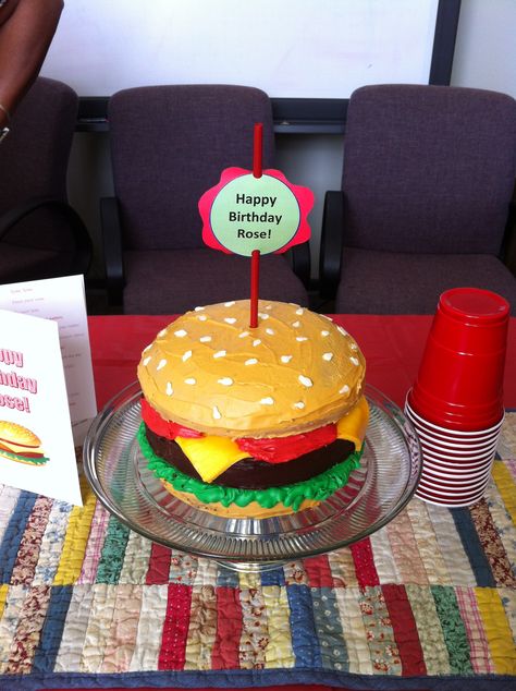 Hamburger Themed Birthday Party, Cheeseburger Birthday Party, Bbq Theme Cake, Burger Birthday Party, Cheeseburger Smash Cake, Hamburger Smash Cake, Whataburger Cake Ideas, Burger Cake Ideas, Hamburger Cake Ideas