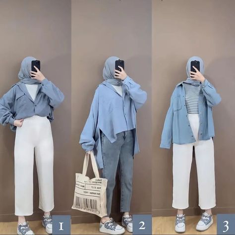 Ootd Warna Denim, Denim Outfit Hijab, Kuliah Outfit, Ootd Formal, Blue Denim Outfits, Peta Pikiran, Ootd Pose, Mix And Match Outfits Hijab, Korean Style Hijab