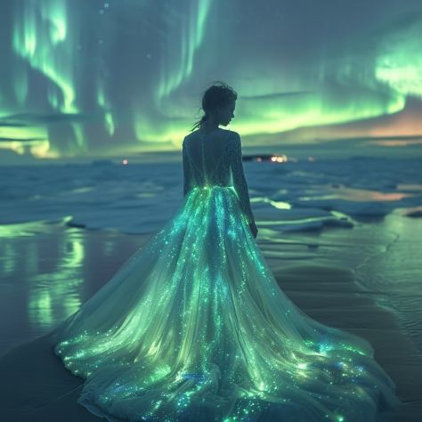 Northern Lights Photoshoot, Aurora Borealis Dress, Northern Lights Outfit, Northern Lights Dress, Frosting Aesthetic, Space Textiles, Winter Dance, Aurora Borealis Northern Lights, Lit Outfits