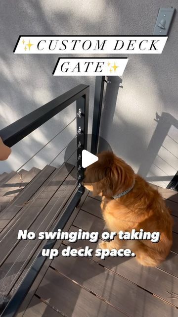 Rachel Hoch on Instagram: "Custom deck gate we had built for our dogs! 🐕 🛠️ We knew we wanted a gate on our deck so the goldens could roam, but I really didn’t want something that would swing or take up deck space when it was in use... This sliding pocket gate was the perfect solution and we LOVE it! ✨save and follow for more custom home dog ideas!✨ #home #homebuild #homeinspo #deck #deckdesign #deckinspo #landscape #housefeatures #custom #customhome #dogs #dogsofinstagram #goldens #goldensofinstagram #goldenretriever #gate #gates #pocketgate" Sliding Gate On Deck, Fenced In Dog Area Off Deck, Dog Deck Ideas, Deck Gates Ideas Dogs, Dog Gate Outdoor, Deck Gate Ideas, Dog Gate Ideas, Pocket Gate, Building Deck Steps