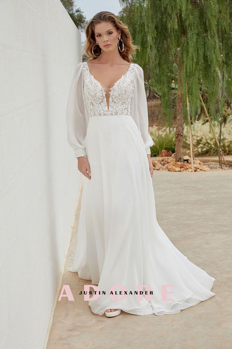 Chiffon A-Line with Chiffon Bishop Sleeves and Sequined Lace Appliqués Wedding Gown Justin Alexander Bridal, Justin Alexander Wedding Dress, Sincerity Bridal, Informal Wedding Dresses, Girls Bridesmaid Dresses, Elopement Wedding Dresses, The Princess Bride, Chic Wedding Dresses, Timeless Wedding Dress