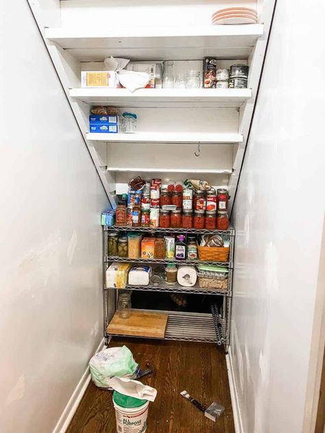 Create a Pantry in the Space under your Stairs Under Stairs Storage Cleaning Supplies, Turn Under Stairs Closet Into Pantry, Pantry Shelving Ideas Small Closet Under Stairs, Under Stairs Storage Solutions Pantry, Understair Pantry Ideas, Closet Under The Stairs Ideas, Pantry Ideas Under Stairs, Under Stairs Pantry Shelving Ideas, Under Stairs Storage Pantry