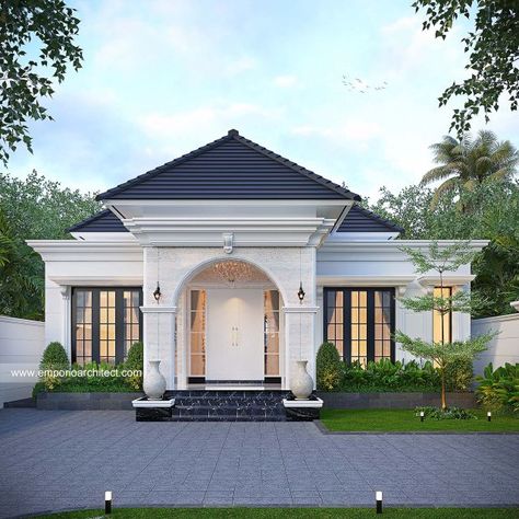 Mrs. SLV Classic House 1 Floor Design - Palembang 37170 - Facade Design Classic House Facade, Clasic Houses, House 1 Floor, Mediterranean House Design, Home Designs Exterior, Emporio Architect, Bali House, Pavilion Design, Classic House Exterior