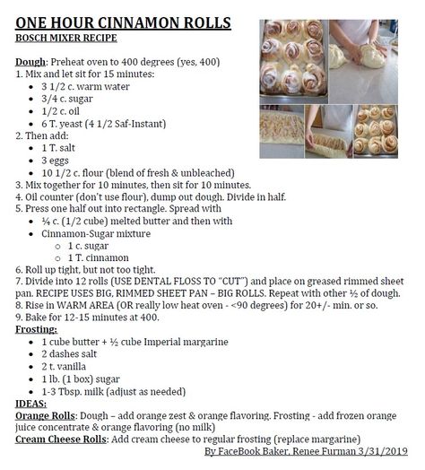 Cinnamon Rolls - 2 dozen large Easy Bosch Mixer Recipe (make 1/2 recipe for smaller mixers, like Kitchen Aid) Adapted from FaceBook post by Renee Furman (3/31/19) Bosch Universal Mixer Recipes, Bosch Mixer Bread Recipes, Kitchenaid Mixer Bread Recipes, Bosch Mixer Recipes, Bosch Recipes, Kitchenaid Mixer Recipes, Stand Mixer Bread, Bosch Mixer, Kitchen Aide