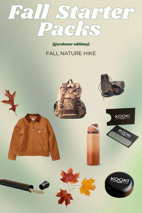 All the essentials you'll need to create the perfect garden sesh on a hike during the fall 🍂💨   Garden sesh essentials, fall aesthetic, fall nature hike inspiration, crunchy aesthetic, granola aesthetic, fall walk, garden walk, fall activity ideas, fall bucket list, fall hike ideas, fall starter packs, ouid gardener, garden sesh Fall Activity Ideas, Crunchy Aesthetic, Fall Hike, Fall Walk, Granola Aesthetic, Nature Hike, Fall Activity, Fall Nature, Fall Bucket List