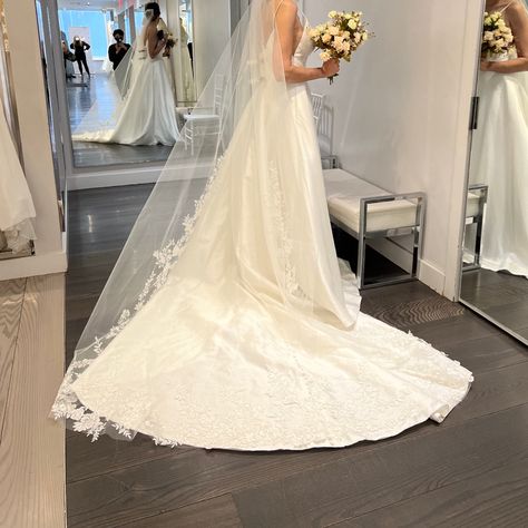 Brand New A Line White Wedding Dress With Side Cut Offs And Pockets. Including Embroidered Veil. Size 10- Not Altered. 100% Silk Wedding Dress And Veil, Embroidered Veil, Silk Wedding Dress, White Wedding Dress, Cut Offs, Silk Wedding, Side Cuts, Wedding Veil, White Wedding Dresses