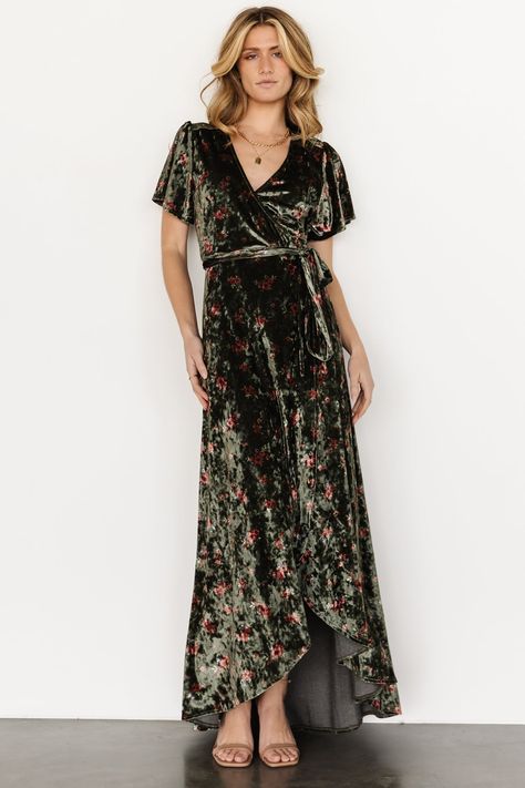 Germain Velvet Wrap Maxi Dress | Olive Floral | Baltic Born Moss Green Color, Kimono Maxi Dress, Empire Waist Maxi Dress, Skirt Lining, Velvet Wrap Dress, Green Velvet Dress, Baltic Born, Velvet Maxi Dress, Wrap Maxi Dress