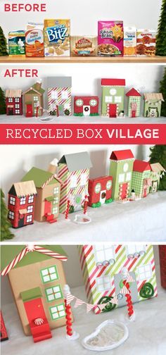 Make a Christmas Village with Recycled Boxes and wrapping paper -- free printable windows and more at PagingSupermom.com Cereal Box Craft, Dollar Store Christmas Decor, Cardboard Christmas Tree, Village Christmas, Diy Christmas Village, Cereal Boxes, Christmas Village Display, Dollar Store Christmas, Recycle Box