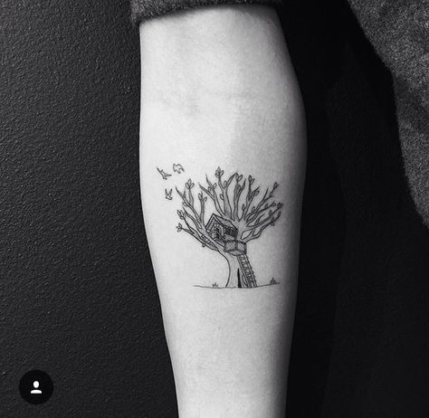 Jon boy treehouse tattoo Treehouse Tattoo Simple, Tree House Tattoo, Treehouse Tattoo, Building Tattoo, Jonboy Tattoo, House Tattoo, Jon Boy, Sibling Tattoos, Magic Treehouse