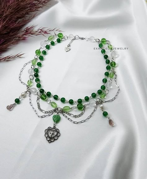 Beads Chocker Neckless, Green Fairy Necklace, Fairy Costume Jewelry, Green Necklace Beads, Fairy Choker, Fairycore Necklace, Necklace Grunge, Colar Chocker, Necklace With Cross