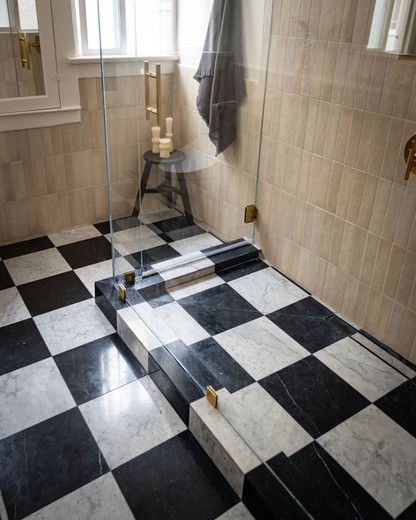 Black And White Checkerboard Floor, Black And White Bathroom Floor, Adeline Reilly, Black And White Tiles Bathroom, Checkerboard Floor, White Bathroom Tiles, Black And White Tiles, Dream House Interior, Home Design Decor