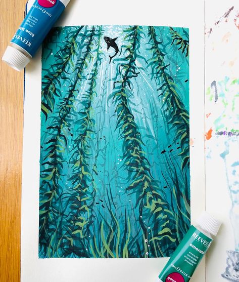 Ocean Bottom Painting, Bottom Of The Ocean Painting, Ocean Guache, Gouache Underwater, Watercolor And Gouache Painting, How To Gouache Paint, Gouache Painting Ocean, Gouache Water Painting, Ocean Gouache