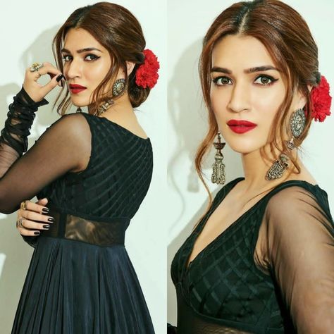 Black Lehenga Hairstyle, Hairstyle For High Neck Blouse, Black Saree Hairstyle, Retro Hairstyles Bollywood, Retro Look Bollywood Indian, Hairstyle For Saree Look, Retro Look Bollywood, Retro Saree Look, Hairstyles For Saree Look