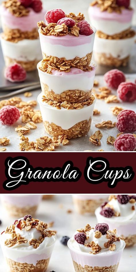 These Granola Cups are a fun and healthy way to enjoy breakfast or a snack 🍓! Filled with yogurt and topped with fresh fruit, they’re quick to make and perfect for kids and adults alike. #GranolaCups #HealthySnacks #BreakfastRecipes #YogurtLovers #QuickMeals #EasyRecipes Granola Cups With Yogurt, Breakfast Granola Cups, Breakfast Parfait Recipes, High Protein Granola, Granola Cups, Yogurt And Fruit, Easy Homemade Granola, Healthy Homemade Snacks, Easy Granola