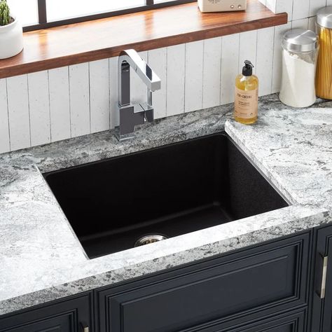 Signature Hardware 25" Totten Granite Composite Undermount Kitchen Sink & Reviews | Wayfair Kitchen Cafe Appliances, Garage Apartment Kitchen, Kitchen Stone Countertops, Black And White Granite, Kitchen Remodel Dark Cabinets, Kitchen Sink Black, Condo Kitchen Remodel, Black Stainless Steel Kitchen, Granite Composite Kitchen Sink