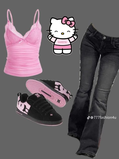 Pink 2000s Aesthetic Outfits, Pink Grunge Aesthetic Outfits, Trashy 2000s Outfits, Hello Kitty Outfit Ideas, Black And Pink Hello Kitty, Hello Kitty Grunge, Hello Kitty Outfits, Outfit Inspo Y2k, Trashy 2000s