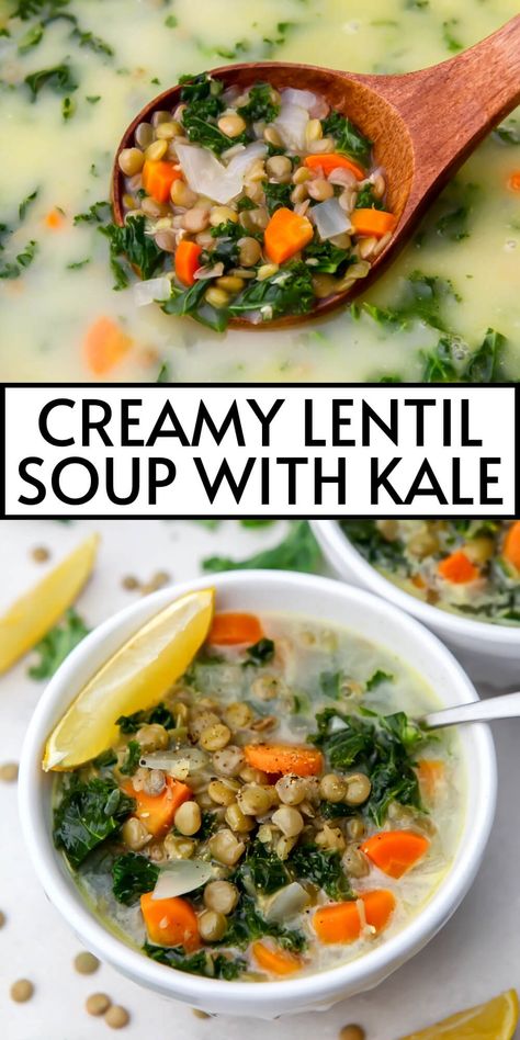 This creamy vegan lentil soup with lemon, carrots, and kale is simply the best!  Perfectly cooked green lentils in a savory broth made creamy with vegan sour cream and a squeeze of fresh lemon. thehiddenveggies.com Lemon Carrots, Recipe Using Kale, Lentil Soup With Lemon, Creamy Lentil Soup, Best Lentil Soup, Cooking Green Lentils, Green Lentil Soup, Best Lentil Soup Recipe, Coconut Lentil Soup