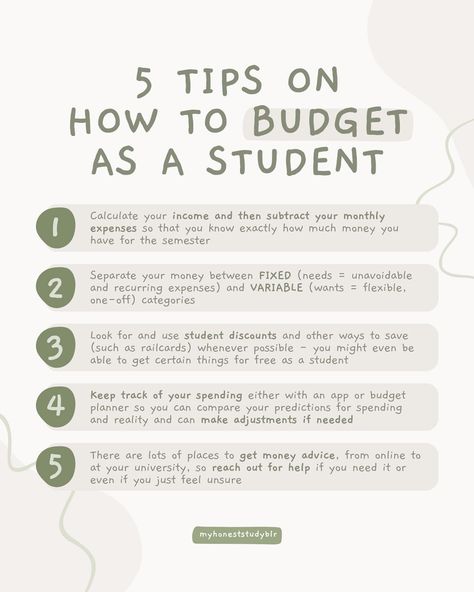 💵 5 tips on how to budget as a student 💵 • QOTD: if you won the lottery, what would be the first thing you bought? • 💾 𝙎𝙖𝙫𝙚 𝙖𝙣𝙙 𝙨𝙝𝙖𝙧𝙚 𝙩𝙝𝙞𝙨 𝙥𝙤𝙨𝙩 𝙛𝙤𝙧 𝙧𝙚𝙛𝙚𝙧𝙚𝙣𝙘𝙚 𝙖𝙣𝙙 𝙩𝙤 𝙝𝙚𝙡𝙥 𝙚𝙣𝙜𝙖𝙜𝙚𝙢𝙚𝙣𝙩! (𝙖𝙣𝙙 𝙛𝙤𝙡𝙡𝙤𝙬 @myhoneststudyblr 𝙛𝙤𝙧 𝙢𝙤𝙧𝙚!) • ⬅️ 𝙨𝙬𝙞𝙥𝙚 𝙩𝙤 𝙨𝙚𝙚 𝙢𝙮 𝙩𝙞𝙥𝙨 • One of the most difficult parts of being a student for a lot of people can often not even be the studying part. Lots of people really struggle with budgeting and managing their money throughout the semester and the academic year so in this post I... Financial Literacy For College Students, Budgeting Tips For College Students, Saving Money For College, Budgeting For Students, How To Save For College, Manage Money Tips, How To Adult, Business Money Management, Save Money As A Student