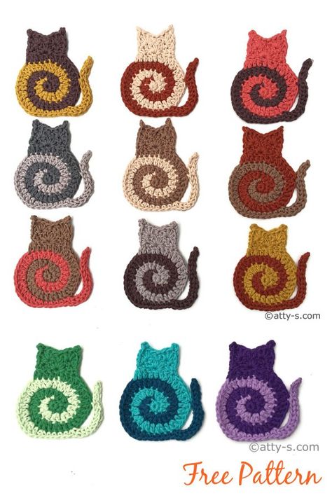 Swirly Cat Free Crochet Pattern Crochet Cat Applique, Cat Free Crochet Pattern, Kat Haken, Cat Applique, Crochet Chicken, Crochet Cat Pattern, Cat Coasters, Crochet Coaster Pattern, Crochet Earrings Pattern