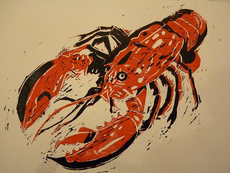 Lobster linocut | 2 colour hand pulled reductive linoprint | ieuan edwards | Flickr Lino Cut Art, Print Making Designs, Linoleum Print, Lino Cut, Woodcuts Prints, A Level Art, Wood Engraving, Ink Sketch, Stencil Art