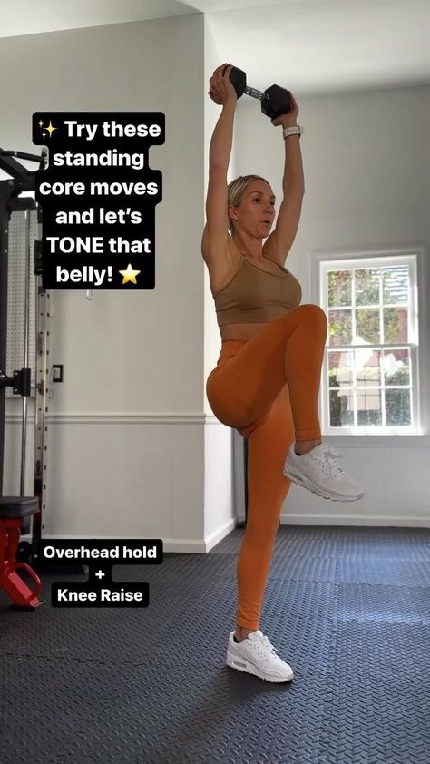 1.1K views · 362 reactions | Tighten and engage your CORE with each move. 💥 While we can’t target fat loss in specific areas, we can build muscle tone/definition in areas of our body. Focus on that mind-muscle connection to maximize every movement. Working our core not only helps carve out that definition but also strengthen other parts of the body, improving posture, carrying those groceries, and our workouts. 🏋️‍♀️ Remember, the journey to a flatter tummy combines targeted exercises with a co Dumbell Ab Workout Standing, Stand Abs Workout, Standing Glute Workout, Dumbell Abs, Dr Exercises, Standing Ab Workout, Standing Core Exercises, Postpartum Workouts, Improving Posture