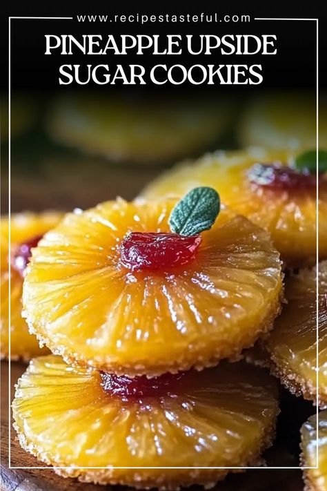 These delightful Pineapple Upside Sugar Cookies are a fun twist on the classic pineapple upside-down cake. With a buttery sugar cookie base and a sweet pineapple topping, they are sure to be a hit at any gathering or as a special treat for yourself. Pineapple Upside Cookies, Pineapple Upside Down Cookies Recipe, Pineapple Upside Sugar Cookies, Pineapple Bars Recipe, Pineapple Upside Down Sugar Cookies, Pineapple Upside Down Cookies, Pineapple Topping, Pineapple Upside Cake, Sweet Monkey