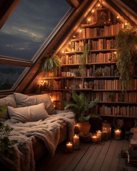 Which attic space would you relax in✨ 1,2,3,4 or 5? AI generated images via @cozyhomeshots #eveningvibes #myplantlovinghome… | Instagram A Frame House Bookshelf, Wizard Library Aesthetic, Nap Corner, Home Library With Fireplace, Cozy Treehouse, Tree House Interior, Attic Organization, Cozy Home Library, Attic Makeover