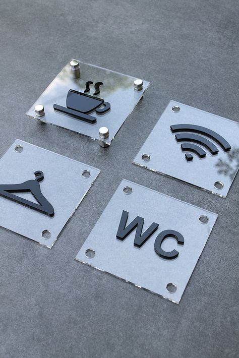 Simple form is complemented by 3D elements and steel holders. You can order any size, contact us Ladies Restroom Sign, Bathroom Symbols, Toilet Signage, Ladies Restroom, All Gender Restroom, Restrooms Signage, Glass Signage, Room Signage, Door Signage