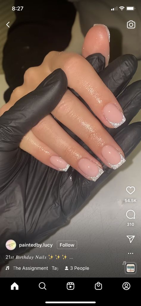 Soft Gel Overlay Nails, White Gliterry French Tip Nails, Vegas Nails Ideas Short, Nude Overlay Nails, Overlay French Tip Nails, Birthday Gel Nails Ideas, Nurse Nails Acrylic, Short Bday Nails, Vegas Nail Ideas