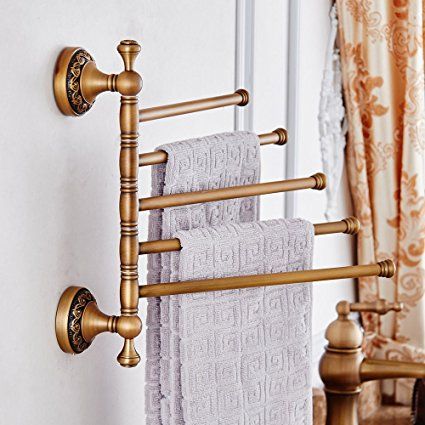 $45 Amazon.com: Leyden TM Antique Brass Active 4-Arm Swing Towel Rack Towel Rotated Bar Organizer Holder Wall-Mounted: Home & Kitchen Towel Bar With Hooks, Towel Bar Bathroom, Camper Interior Design, Folding Towels, British Colonial Decor, Gold Bathroom Accessories, Towel Rod, Antique Signs, Rustic Bathrooms