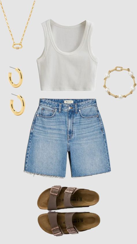 Trendy summer outfit #summeroutfit #trendy #fyp #skincare #tanning #summeraesthetic #beachoutfit #beachbum #beachaesthetic #cleangirl #cleangirlaesthetic Top Jeans, Shorts Outfit, Tanning, Summer Outfit, Sandals