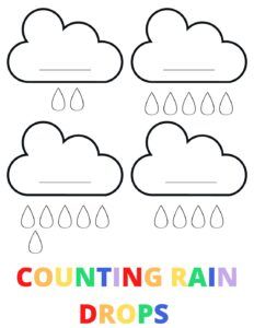 Counting Raindrops Worksheets - arinsolangeathome Rain Math Activities For Preschool, Raindrop Coloring Page, Rain Worksheets Preschool, Rainy Season Worksheets Kindergarten, Counting Raindrops Preschool, Rain Crafts, Toddler Worksheets, Weather Projects, Rainbow Activities