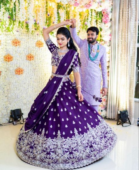 Half Saree For Reception, Bridal Lehenga Reception Look, Lehanga Reception Look, Bride Lehangas For Reception, Half Sarees For Reception, Bridal Lehengas For Reception, Violet Half Saree Pattu, Purple Couple Outfits, Reception Dress For Groom