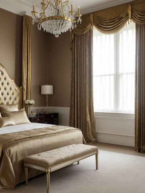 Silk Curtains Aesthetic, Regal Curtains, Velvet Tufted Headboard, Silk Curtains, Tufted Headboard, Bedroom Aesthetic, Crystal Chandelier, Vanity Mirror, Curtains