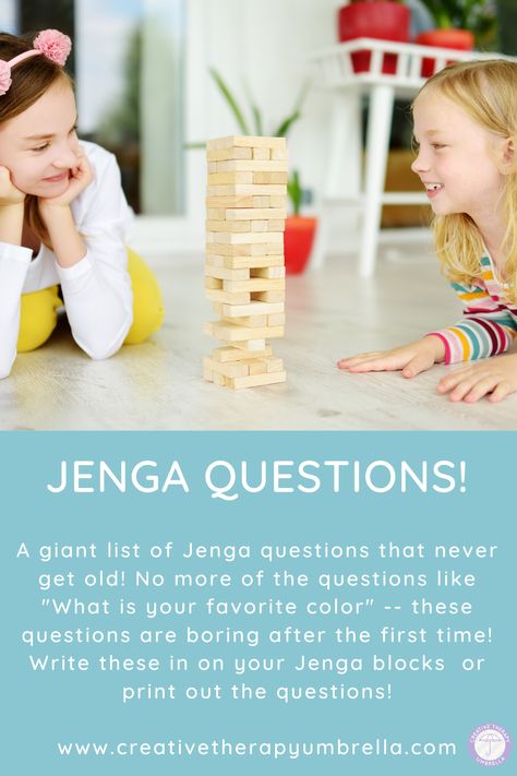 A giant list of Jenga questions that never get old! No more of the questions like "What is your favorite color" -- these questions are boring after the first time! Write these in on your Jenga blocks or print out the questions! Jenga Counseling Questions, Feelings Jenga Questions, Getting To Know You Jenga, Therapy Jenga Questions, Jenga Questions Therapy, Jenga Questions, Counseling Skills, Music Therapy Interventions, Child Counseling