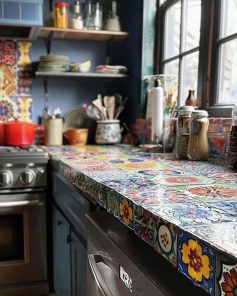 10 ways to update outdated tile countertops without replacing them Mexican Tile Countertops Kitchen, Tile Over Formica Countertops, Painted Kitchen Tile Countertops, Fun Countertop Ideas, Painting Tile Kitchen Countertops, Diy Mosaic Countertop, How To Paint Tile Countertops, Painting Tile Countertops Kitchen, Tiles Countertops Kitchen