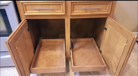 How to Build DIY Pull-Out Cabinet Shelves for Under $30 Each | Hometalk Shelves For Kitchen Cabinets, Cabinets On A Budget, Diy Pull Out Shelves, Kitchen Cabinets On A Budget, Shelves For Kitchen, Modern House Numbers Sign, Diy Stained Glass Window, Cabinet Shelves, Diy Staining